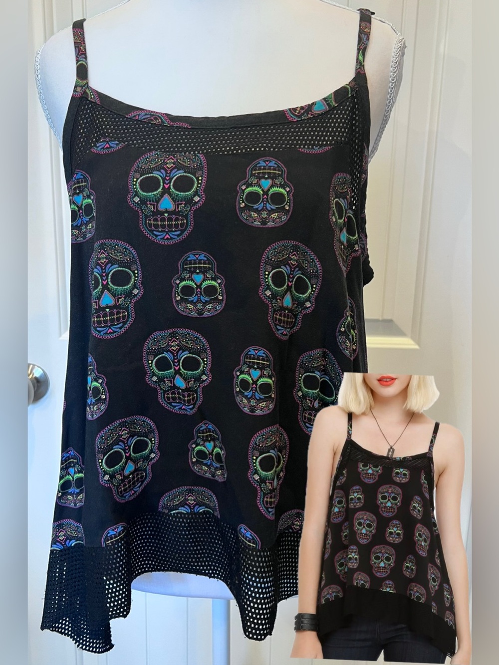 Hot Topic Sugar Skull Mesh Trim Camisole Tank Large